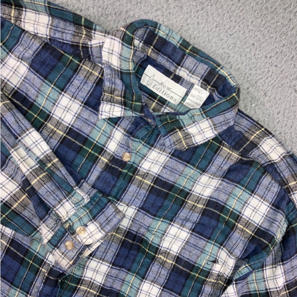 Vtg 90s New Editions Plaid Flannel Shirt L Thrashed Distressed Grunge Cabin Teal